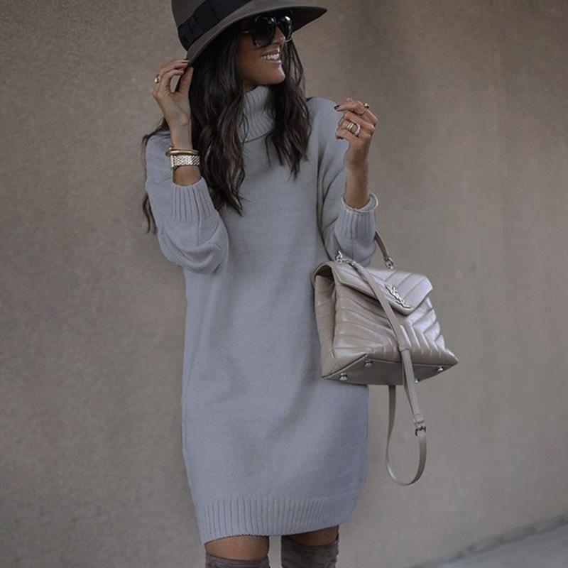 Fashion Turtleneck Knitting Long Sweaters-Mini Dresses-Gray-S-Free Shipping at meselling99