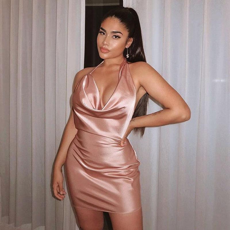 Sexy Halter Backless Satin Women Mini Dresses-Dresses-Free Shipping at meselling99