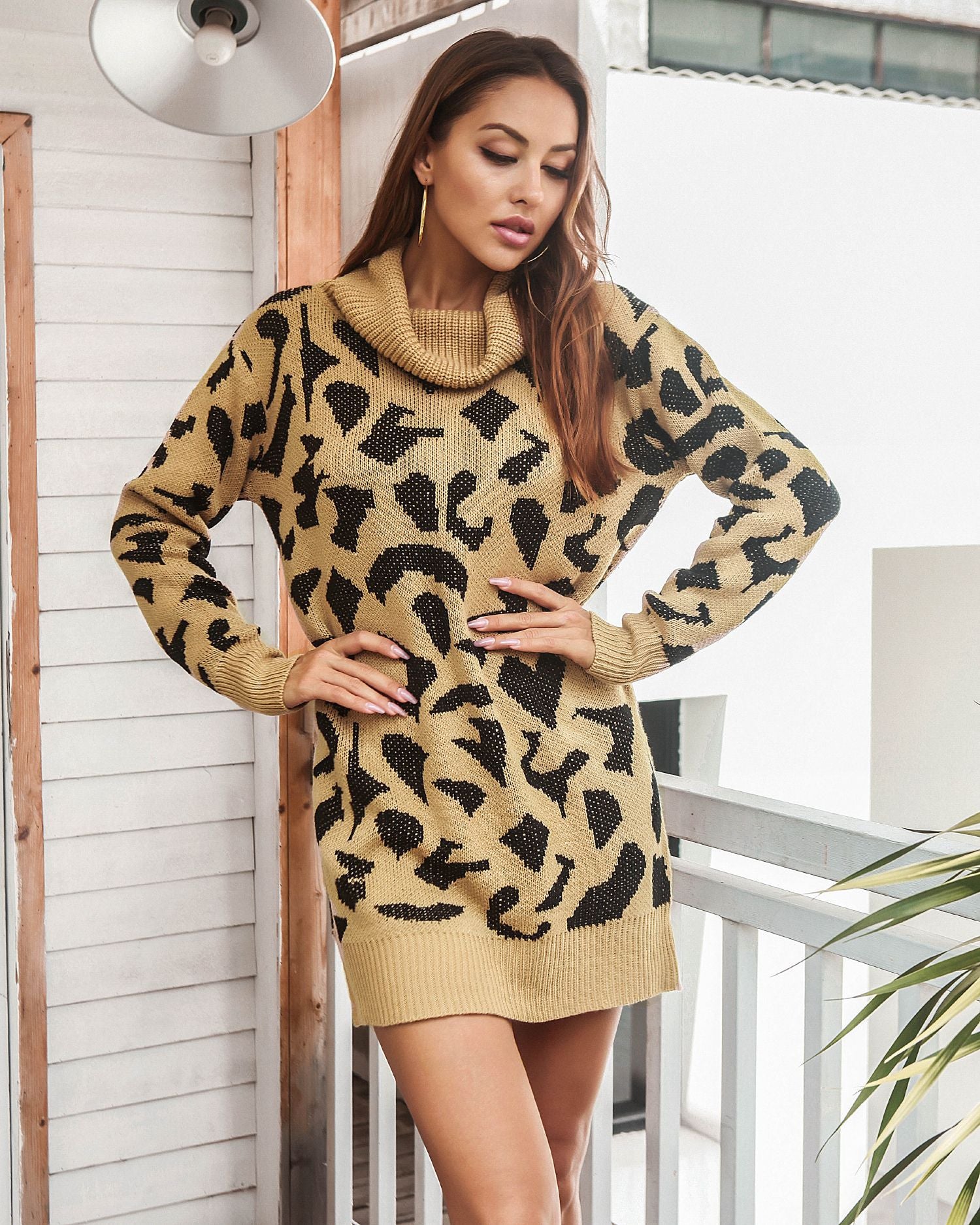 Leopard Turtleneck Knitted Sweater Dresses for Women-Dresses-Khaki-S-Free Shipping at meselling99