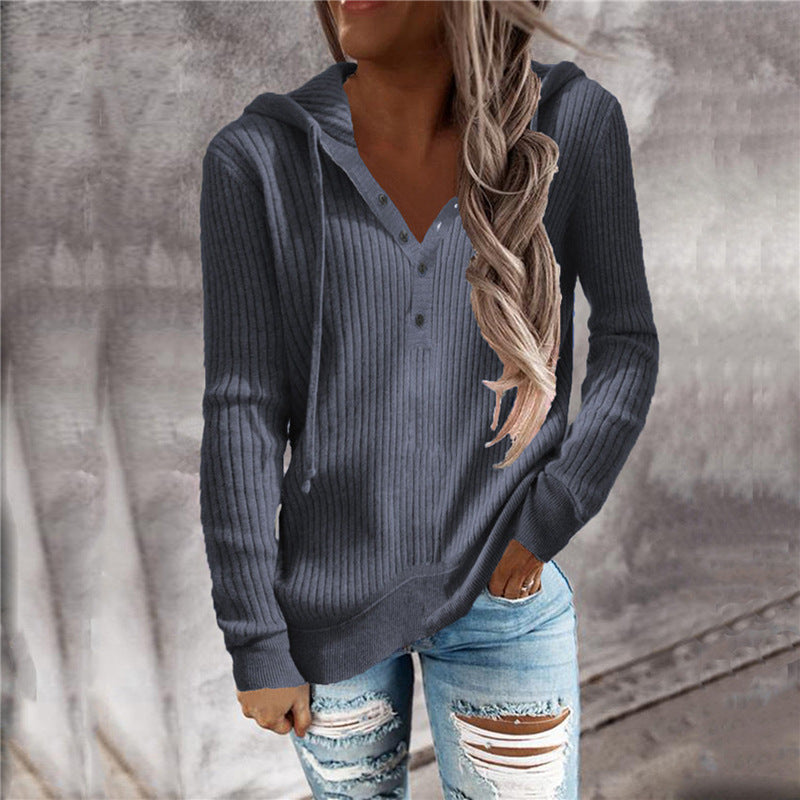 Women Casual Knitted V Neck Hoodies Sweaters-Shirts & Tops-Gray-S-Free Shipping at meselling99