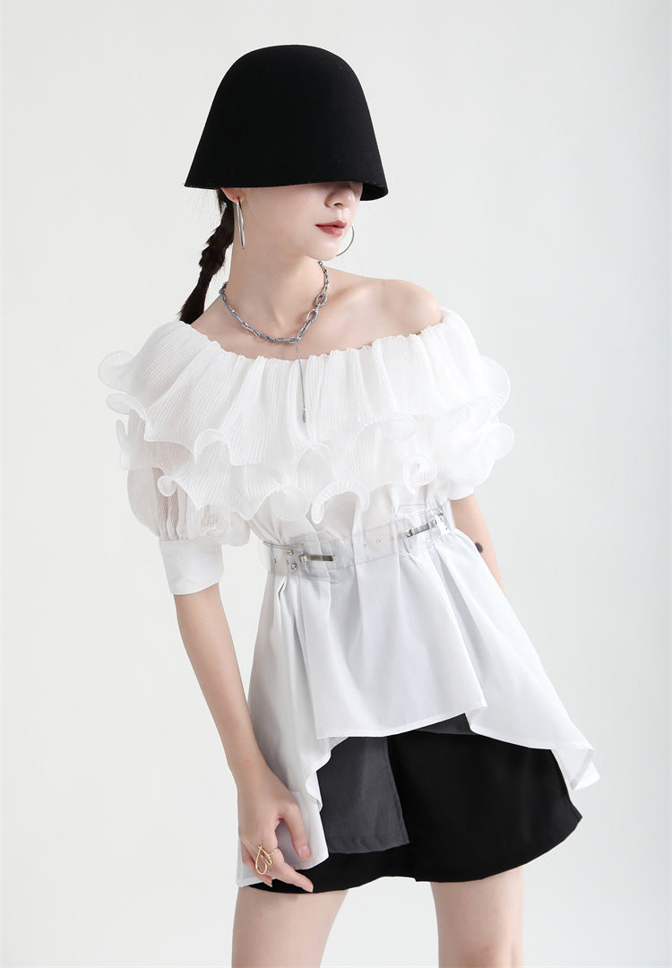 Summer Off The Shoulder Chiffon Ruffled Shirts with Belt for Girls-Shirts & Tops-Free Shipping at meselling99