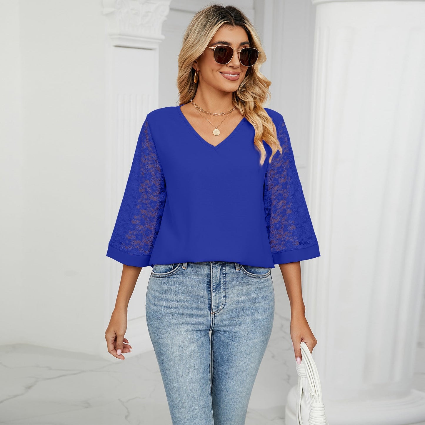 Fashion Summer Chiffon 3/4 Sleeves Women Blouses-Shirts & Tops-Blue-S-Free Shipping at meselling99