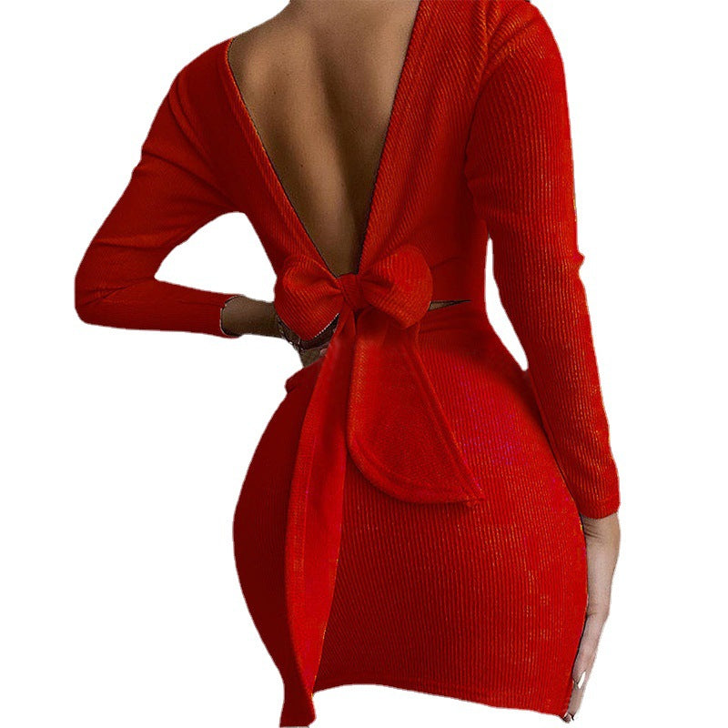 Sexy Bow Backless Knitted Mini Dresses-Dresses-Red-S-Free Shipping at meselling99