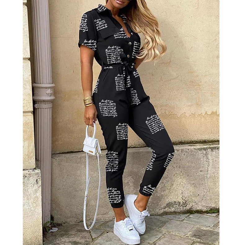 Summer Turnover Collar Leisure Jumpsuits-Letter-S-Free Shipping at meselling99