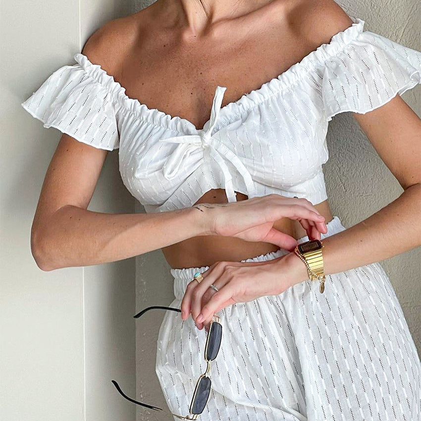 Sexy Designed Ruffled White Two Pieces Sets for Women-Suits-Free Shipping at meselling99