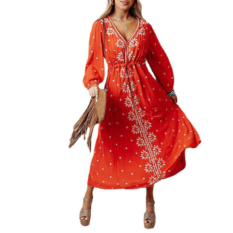Red Long Sleeves Boho Midi Dresses-Boho Dresses-Free Shipping at meselling99