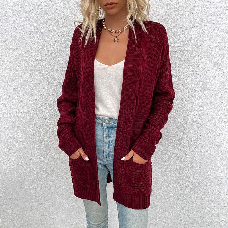 Fashion Twist Design Knitted Long Cardigan Sweaters-Shirts & Tops-Wine Red-S-Free Shipping at meselling99