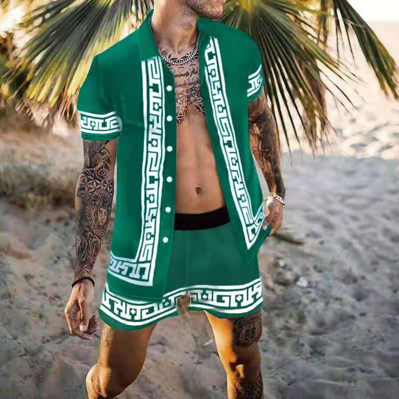 Casual Summer Beach Shorts&shirts for Men-Green-M-Free Shipping at meselling99