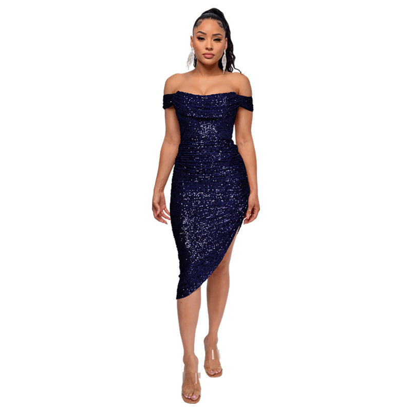 Sexy Off The Shoulder Sequined Mini Cocktail Dresses-Dresses-Dark Blue-S-Free Shipping at meselling99