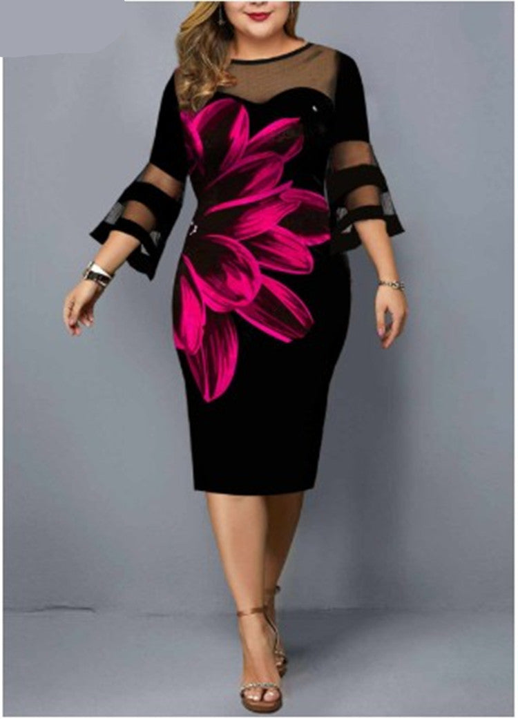 Women Floral Print Plus Sizes Net Fall Dresses-Plus Size Dresses-Purple-L-Free Shipping at meselling99