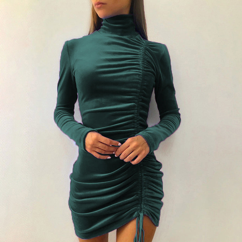 Sexy Drawstring High Neck Bodycon Short Dresses-Sexy Dresses-Green-S-Free Shipping at meselling99