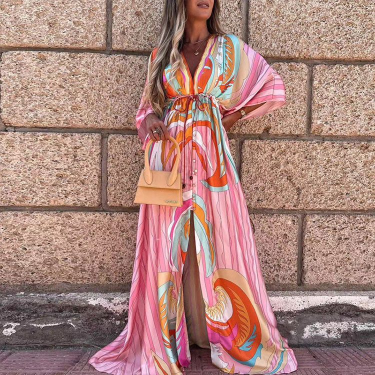 Women Floral Print Fall Long Dresse-Maxi Dresses-Pink-L-Free Shipping at meselling99