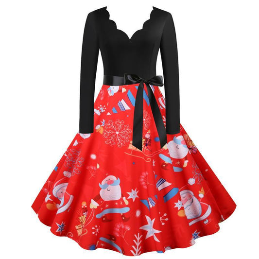 Red V Neck Long Sleeves Christmas Dresses-Dresses-Free Shipping at meselling99