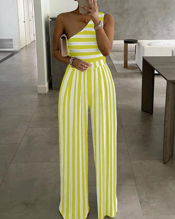 Hot Selling Simple One Shoulder Cozy Jumpsuits-Yellow Stripe-S-Free Shipping at meselling99