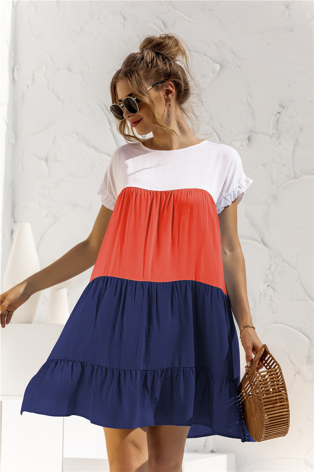 Summer Leisure Ruffled Daily Short Dresses-Mini Dresses-Dark Blue-S-Free Shipping at meselling99