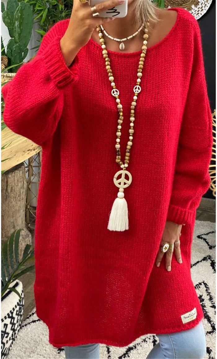 Casual Women Round Neck Knitted Loose Sweaters-Women Sweaters-Red-S-Free Shipping at meselling99