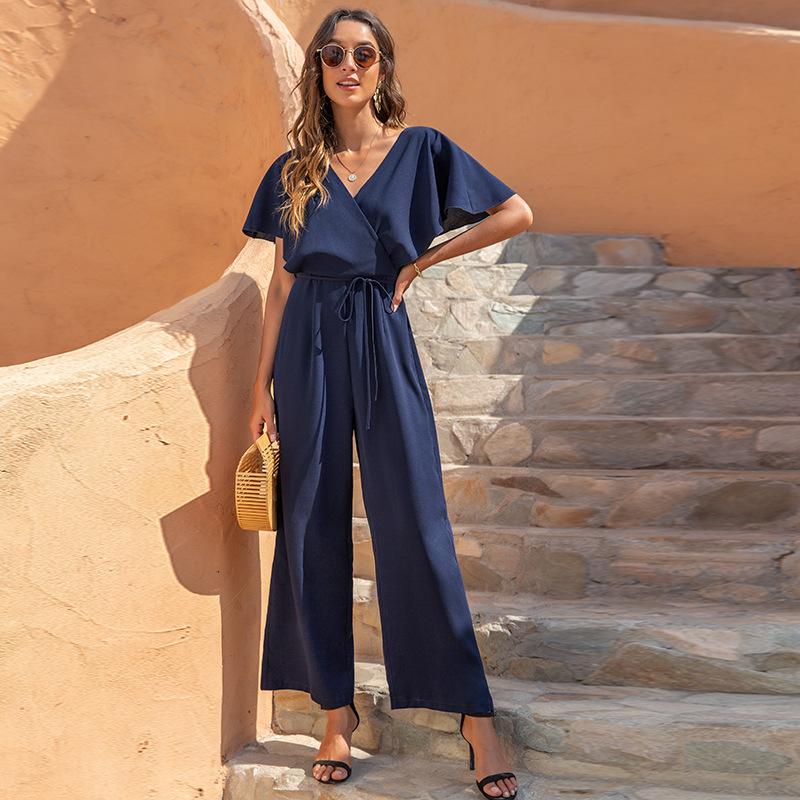 Fashion Women V-neck Casual High Waist Loose Summer Jumpsuits-Dark Blue-S-Free Shipping at meselling99
