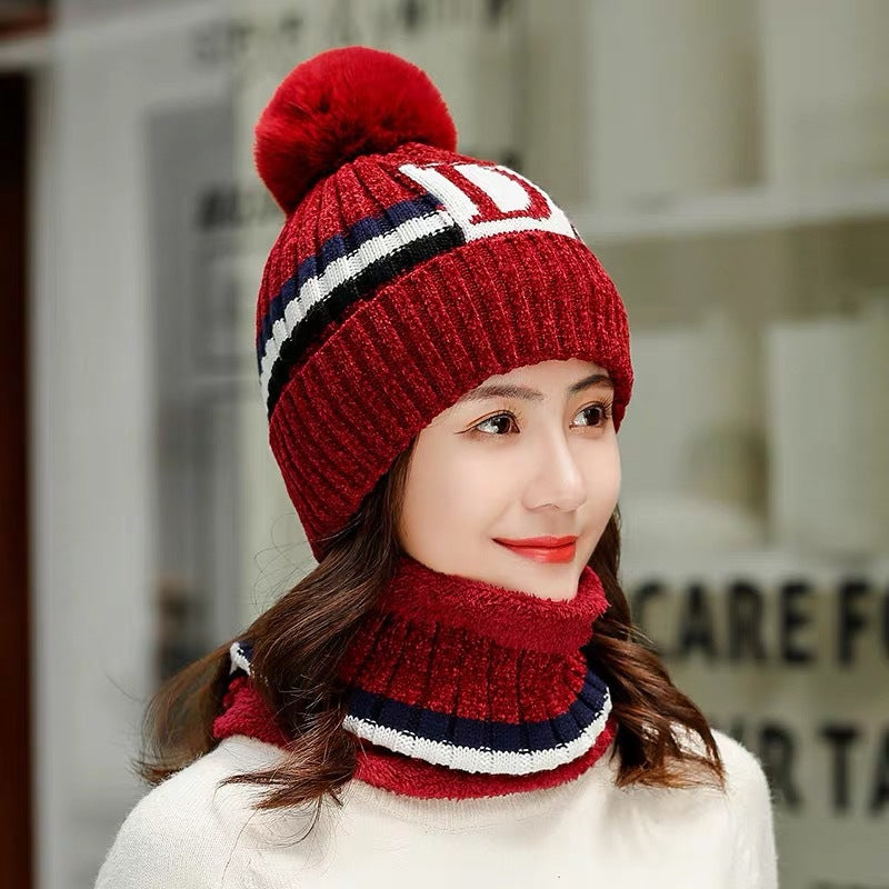 Women Fleeced Lined Knitted Warm Hats+Scarfs-Hats-Wine Red-56-60cm-Free Shipping at meselling99