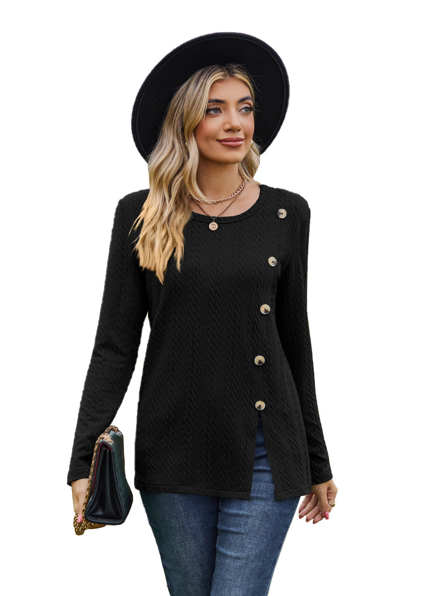 Fashion Round Neckline Button Long Sleeves Shirts-Shirts & Tops-Black-S-Free Shipping at meselling99