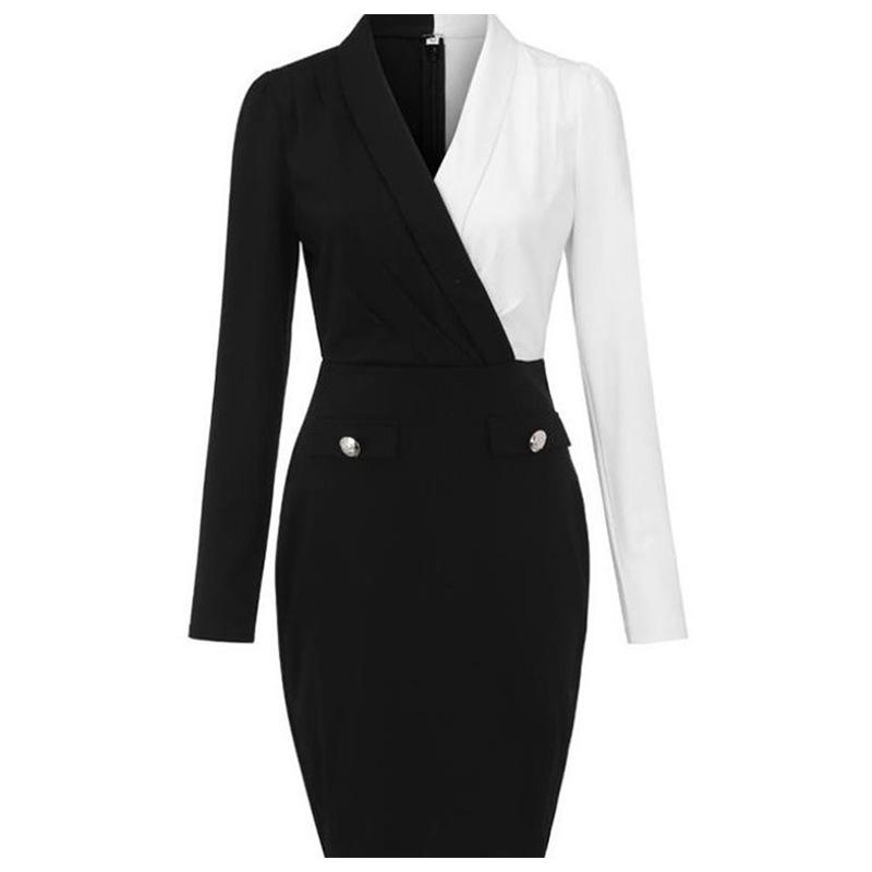 Black and White Fashion Office Lady Long Sleeves Dresses-Dresses-Black&White-S-Free Shipping at meselling99