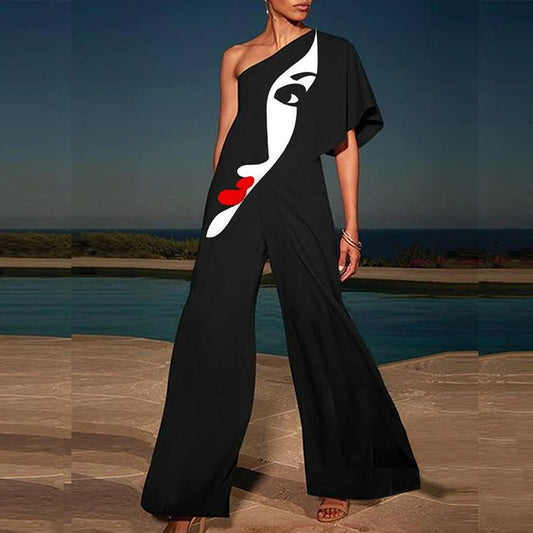 New Summer Fashion Face Print One Shoulder Jumpsuits-Jumpsuits-Black-S-Free Shipping at meselling99