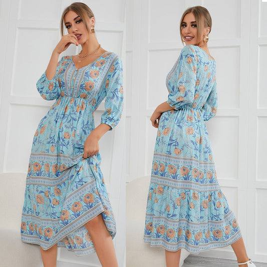 Fairy Summer Boho High Waist Holiday Dresses-Blue-S-Free Shipping at meselling99