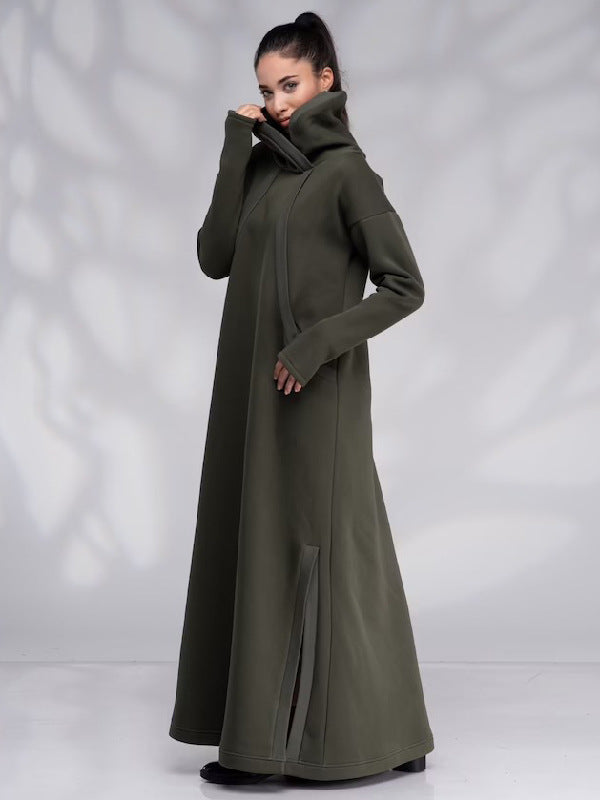 Casual Army Green High Neck Fall Long Dresses-Dresses-Free Shipping at meselling99