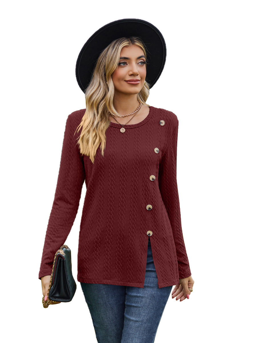 Fashion Round Neckline Button Long Sleeves Shirts-Shirts & Tops-Wine Red-S-Free Shipping at meselling99