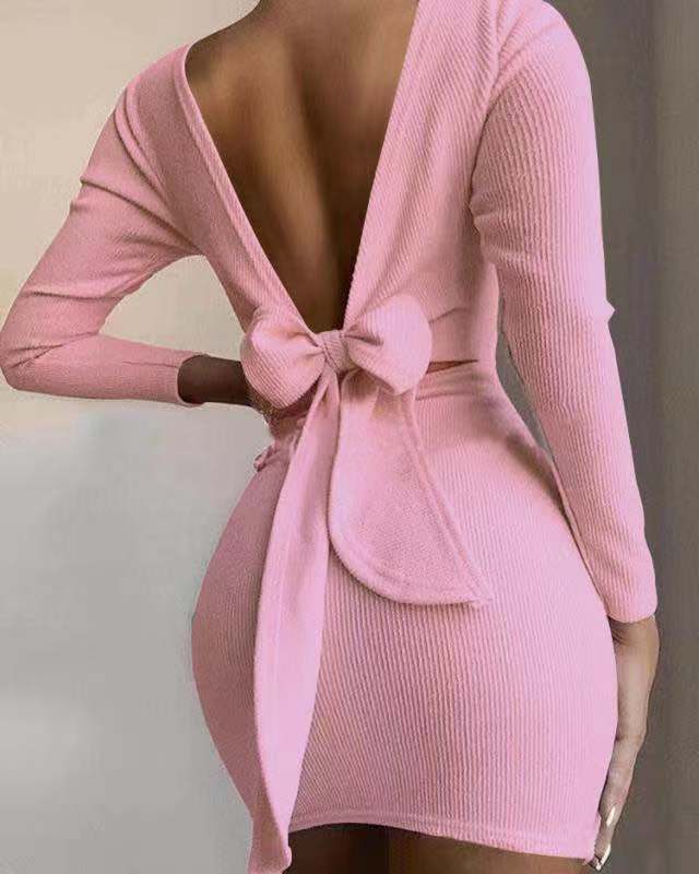 Sexy Bow Backless Knitted Mini Dresses-Dresses-Pink-S-Free Shipping at meselling99
