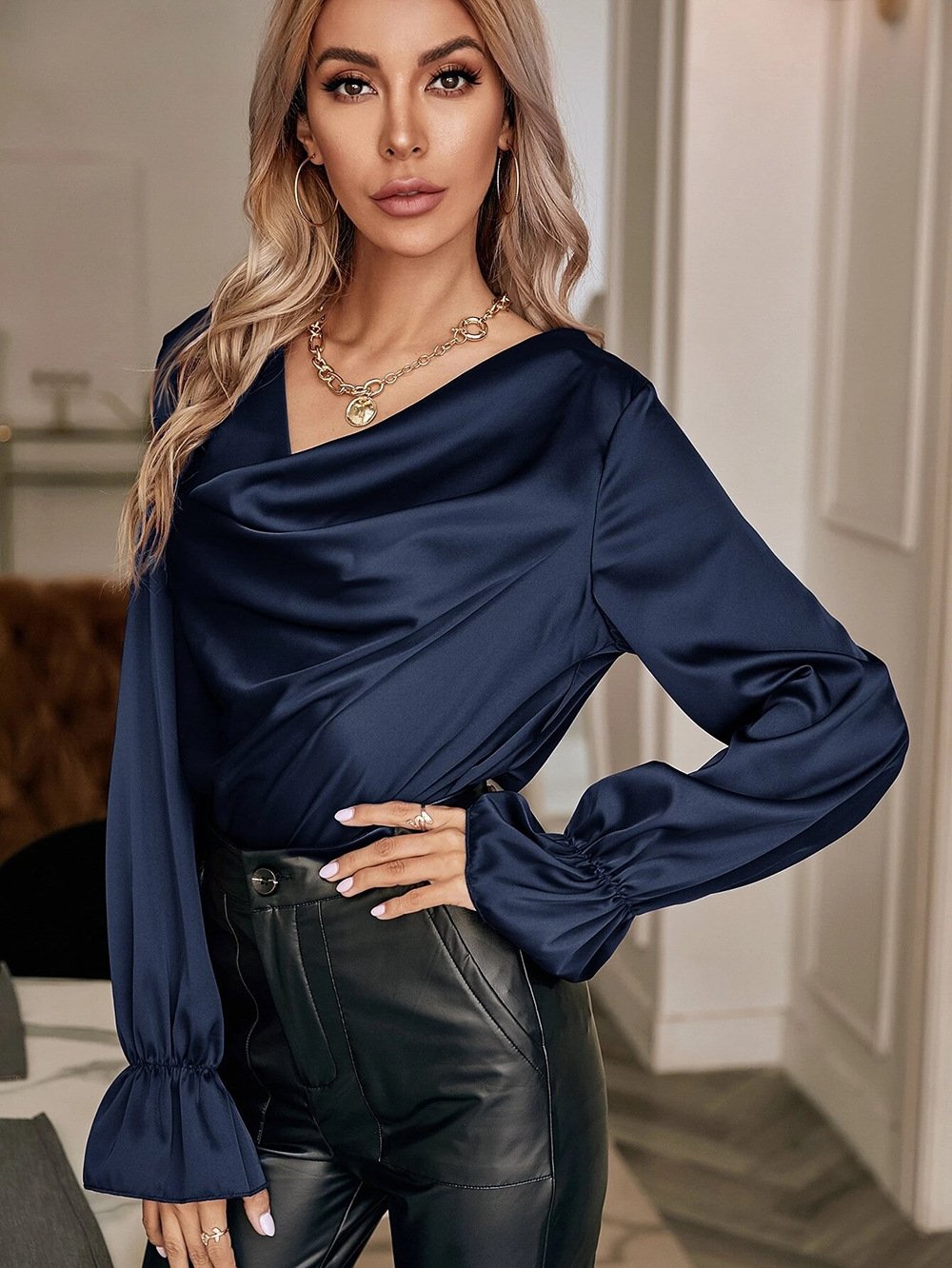 Elegant Satin Pullover Long Sleeves Women Shirts-Shirts & Tops-Blue-S-Free Shipping at meselling99