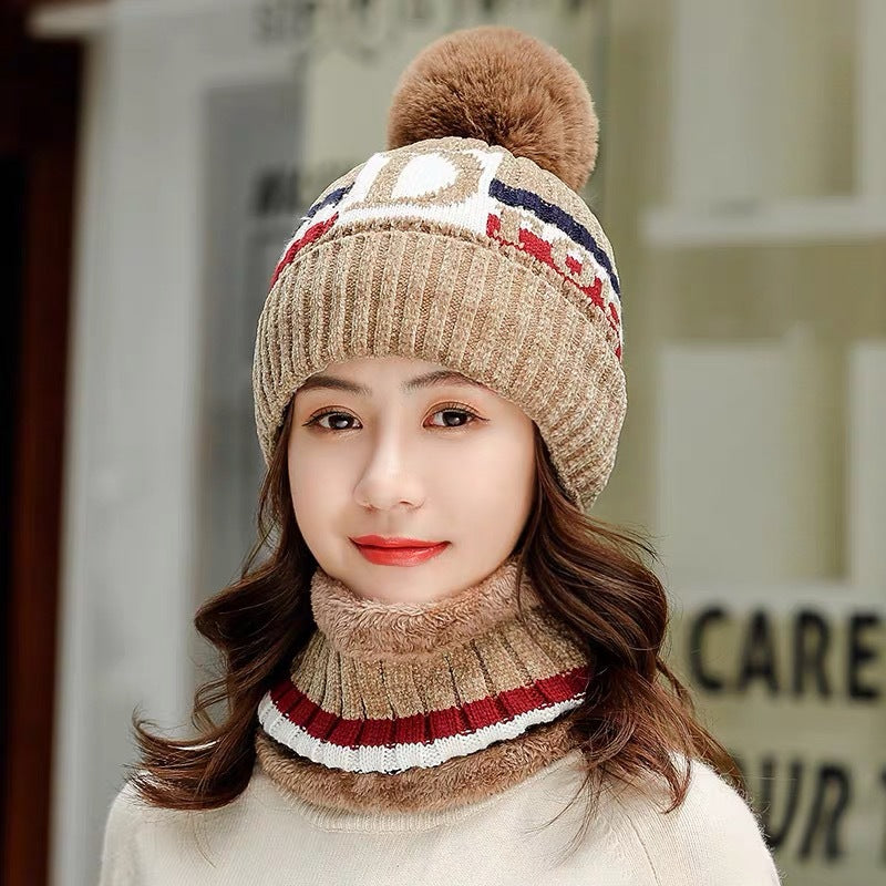 Women Fleeced Lined Knitted Warm Hats+Scarfs-Hats-Khaki-56-60cm-Free Shipping at meselling99