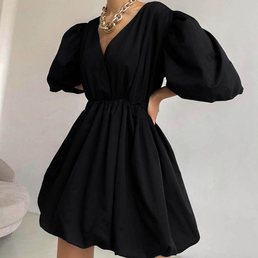 Fashion Summer Puff Sleeves Mini Dresses-Dresses-Black-S-Free Shipping at meselling99