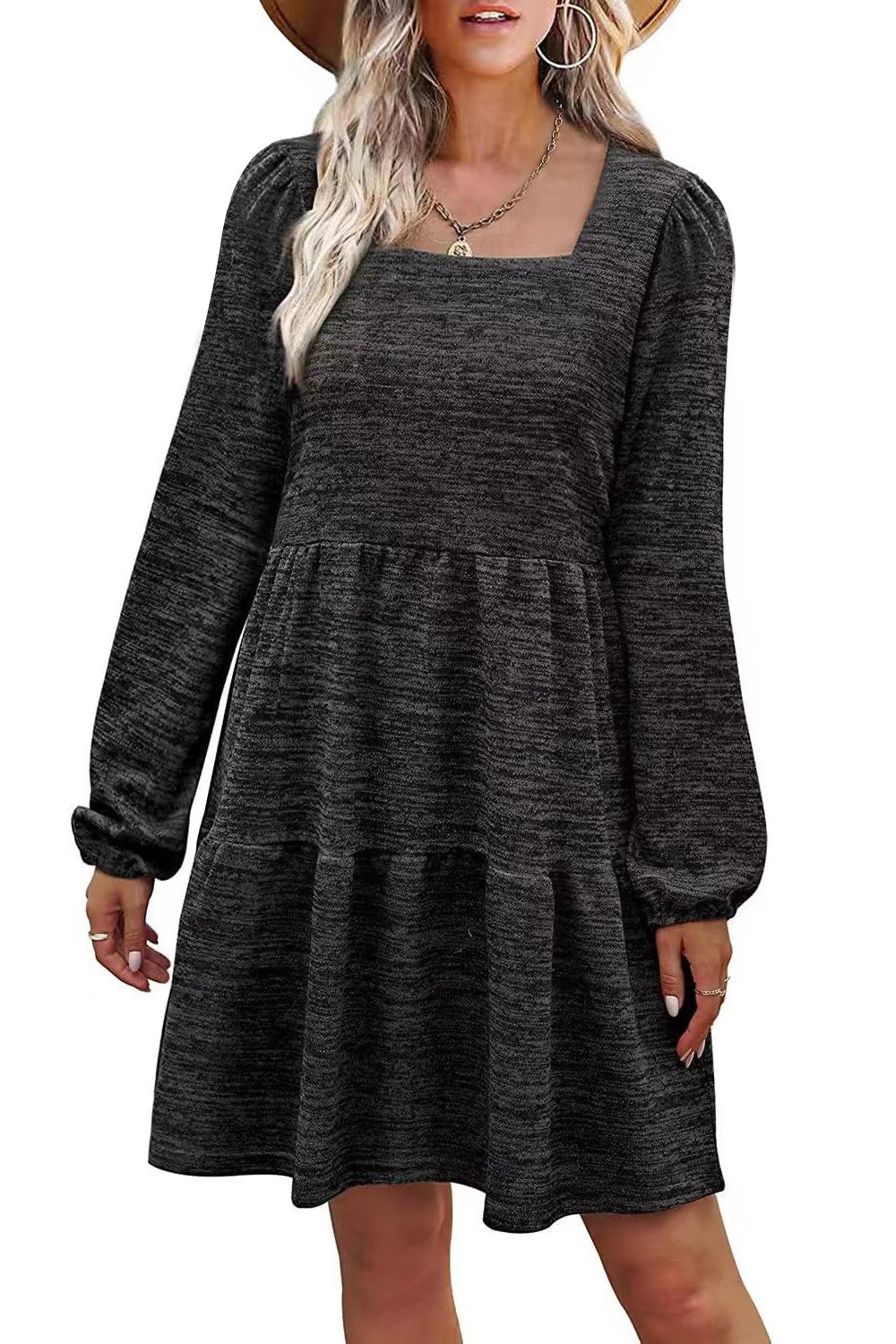 Fashion Square Neckline Fall Mini Dresses-Dresses-Black-S-Free Shipping at meselling99