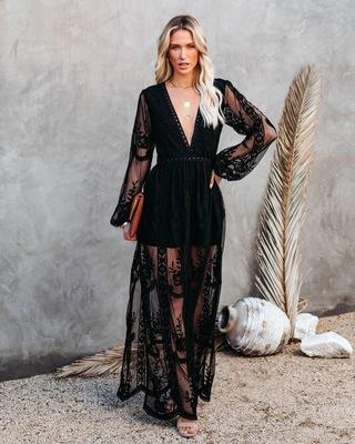 Lace Long Sleeves V Neck Long Dresses-Maxi Dresses-Black-S-Free Shipping at meselling99