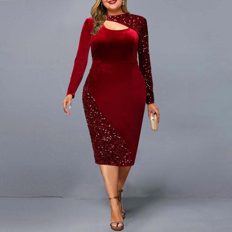 Elegant Sequined Long Sleeves Red Party Dresses-Dresses-Red-L-Free Shipping at meselling99
