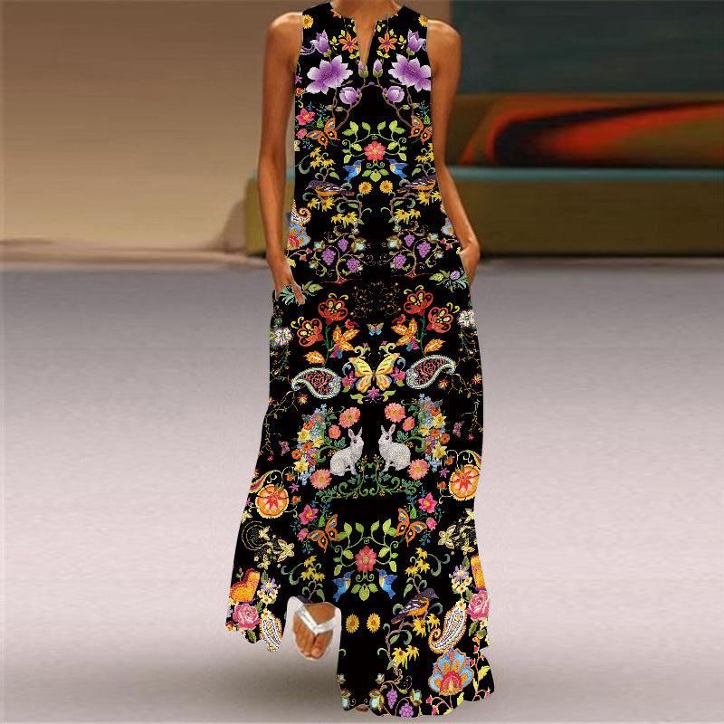 Women Summer Face Print Sleeveless Long Dresses-Boho Dresses-VLCQ-154-S-Free Shipping at meselling99