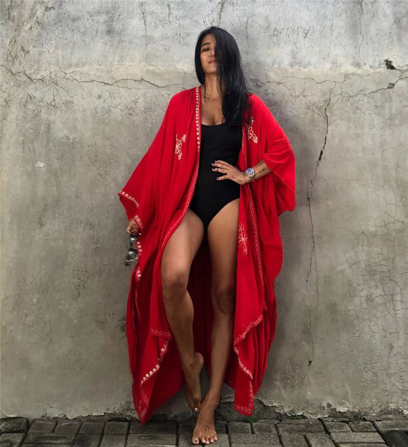 Boho Summer Holiday Kimono Cover Up Dresses-Red-One Size-Free Shipping at meselling99