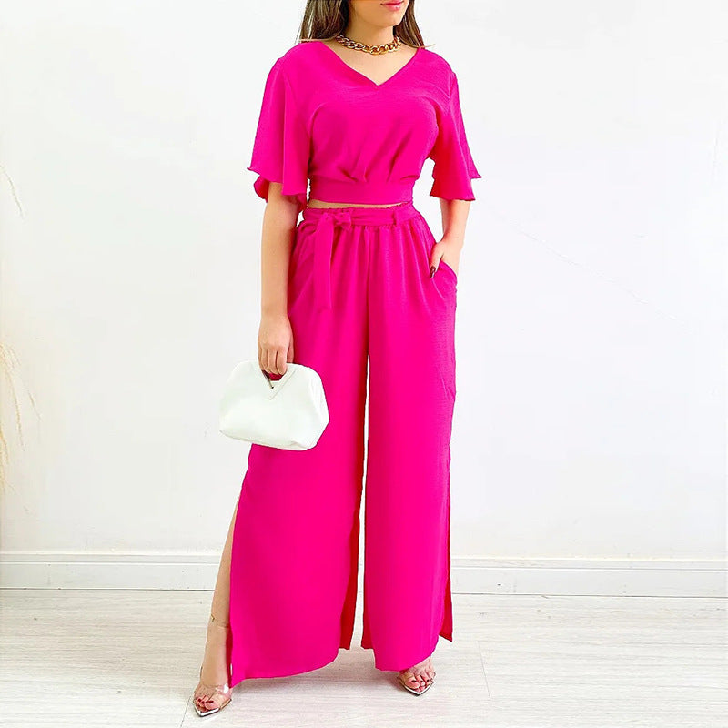 Casual Summer Wide Legs Women Suits-Suits-Rose Red-S-Free Shipping at meselling99