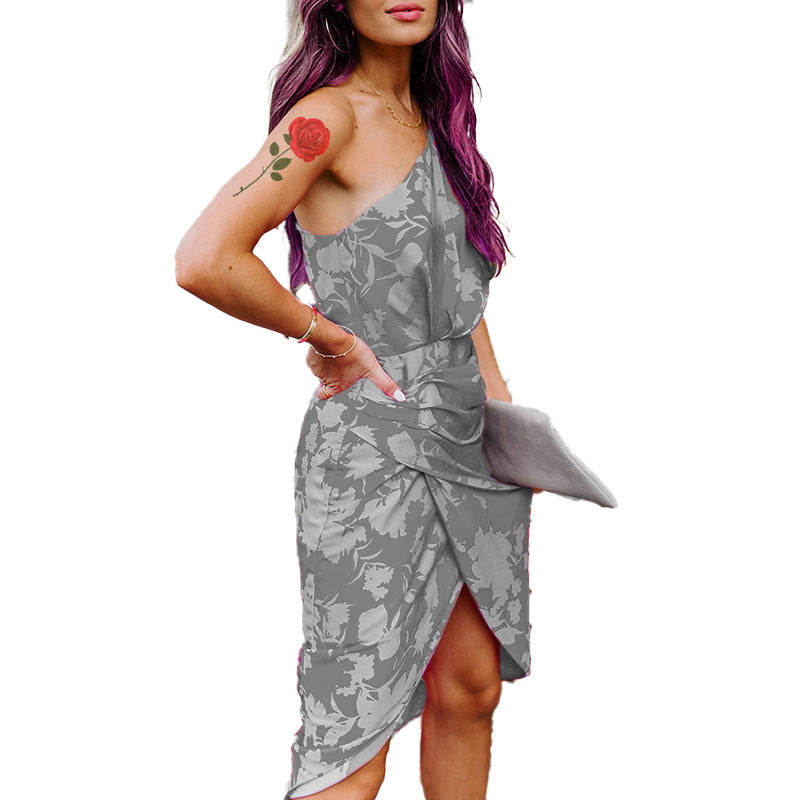 Summer One Shoulder Bodycon Midi Dresses-Sexy Dresses-Gray-S-Free Shipping at meselling99