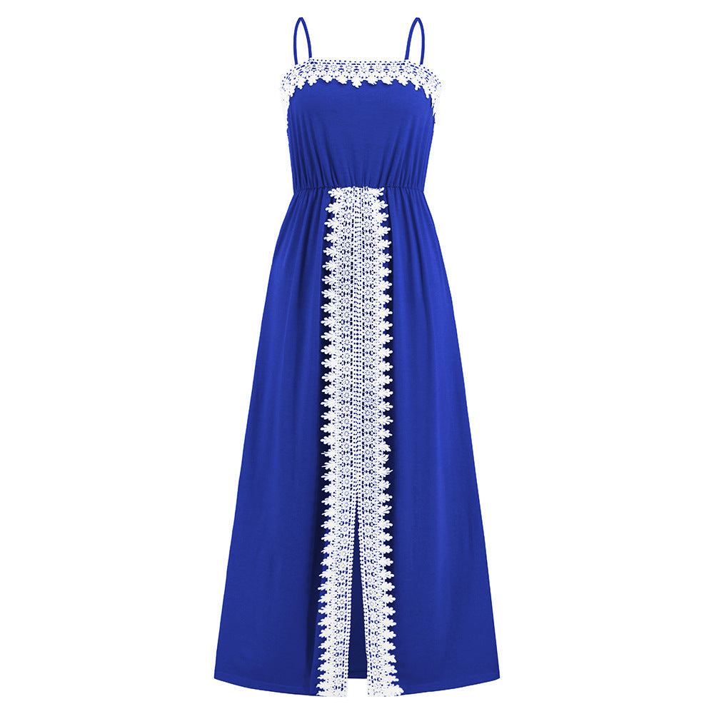 Elegant Lace Trim Summer Long Dresses-Dresses-LQ613-lan-S-Free Shipping at meselling99