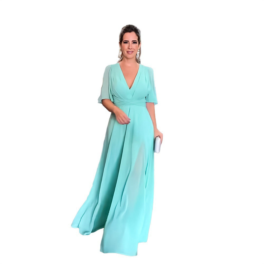 Fashion Chiffon V Neck Long Maxi Dresses-Dresses-Light Blue-S-Free Shipping at meselling99