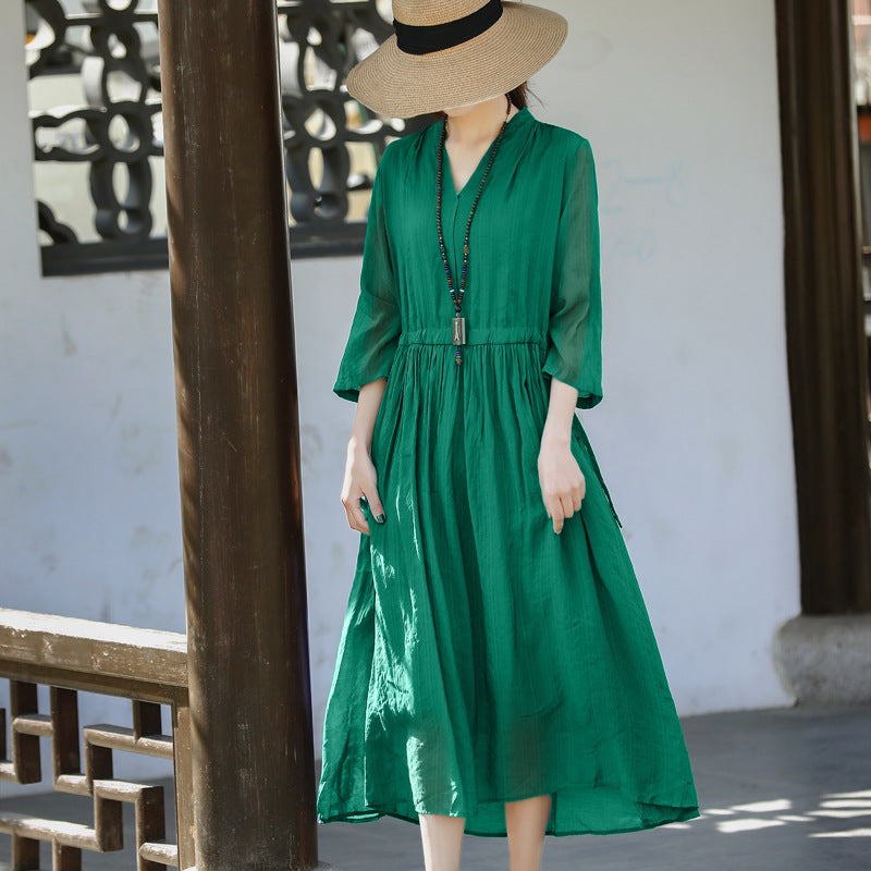 Casual Linen Half Sleeves Drawstring Long Cozy Dresses-Dresses-Free Shipping at meselling99