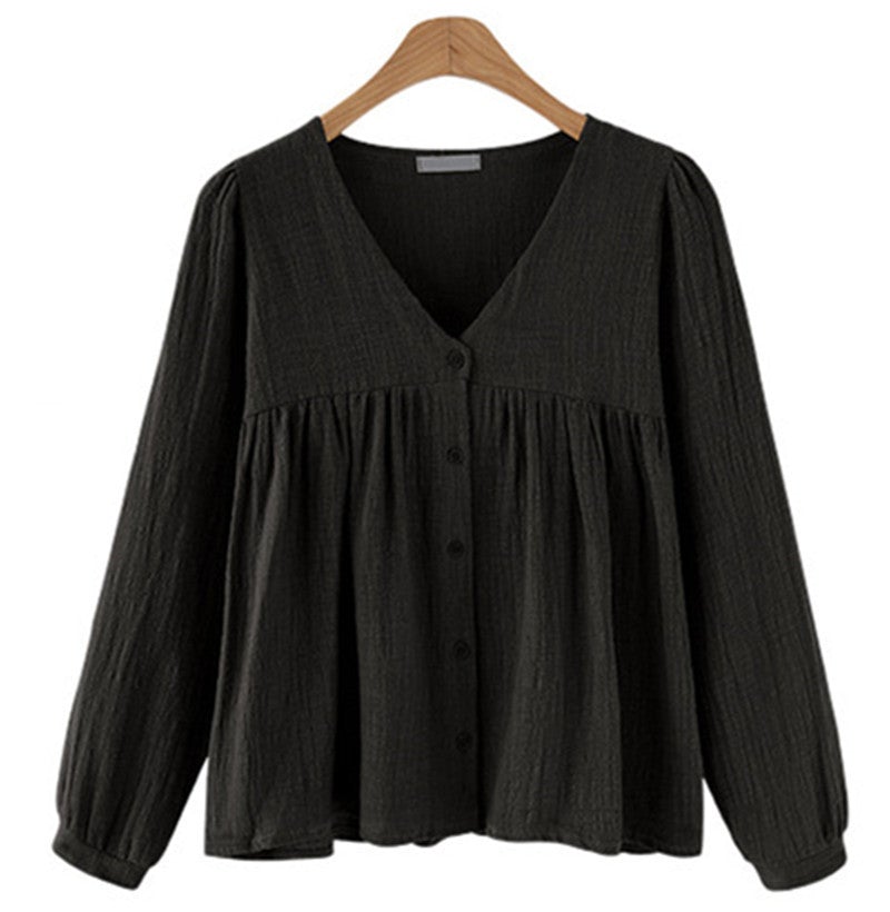 Casual Linen Long Sleeves Spring Tops-Shirts & Tops-Black-M-Free Shipping at meselling99