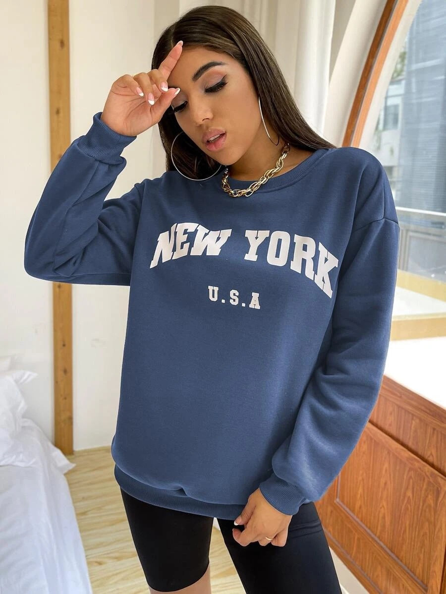 Leisure Women Letter Print Fall Hoodies-Shirts & Tops-Blue-S-Free Shipping at meselling99