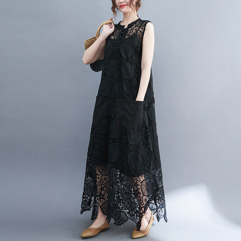 Vintage Lace Embroidery Sleeveless Two Pieces Dresses-Dresses-Black-L-Free Shipping at meselling99