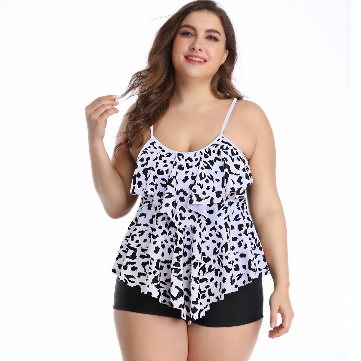 Women Ruffled Floral Print Plus Size Swimsuits-White Leopard-S-Free Shipping at meselling99