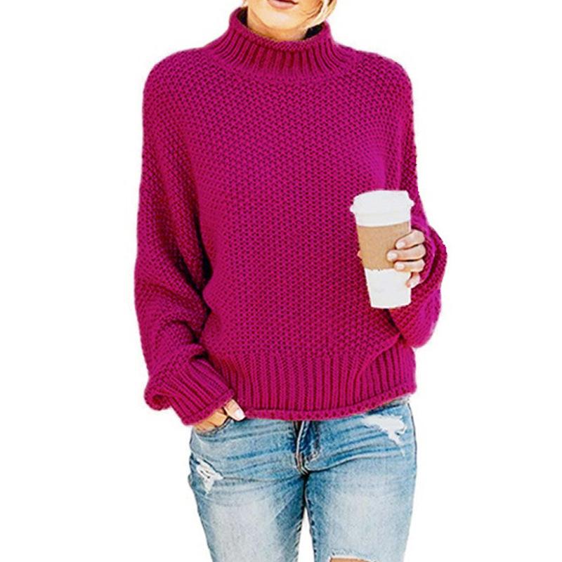 Fashion Leisure Turtleneck Pullover Sweaters-Women Sweaters-Rose Red-S-Free Shipping at meselling99