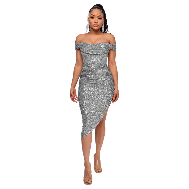 Sexy Off The Shoulder Sequined Mini Cocktail Dresses-Dresses-Gray-S-Free Shipping at meselling99