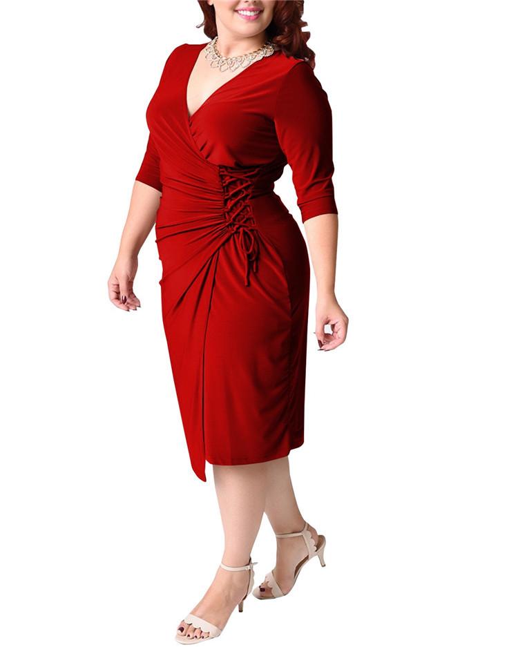 Plus Sizes Women Casual Half Sleeves Dresses-Sexy Dresses-Red-L-Free Shipping at meselling99