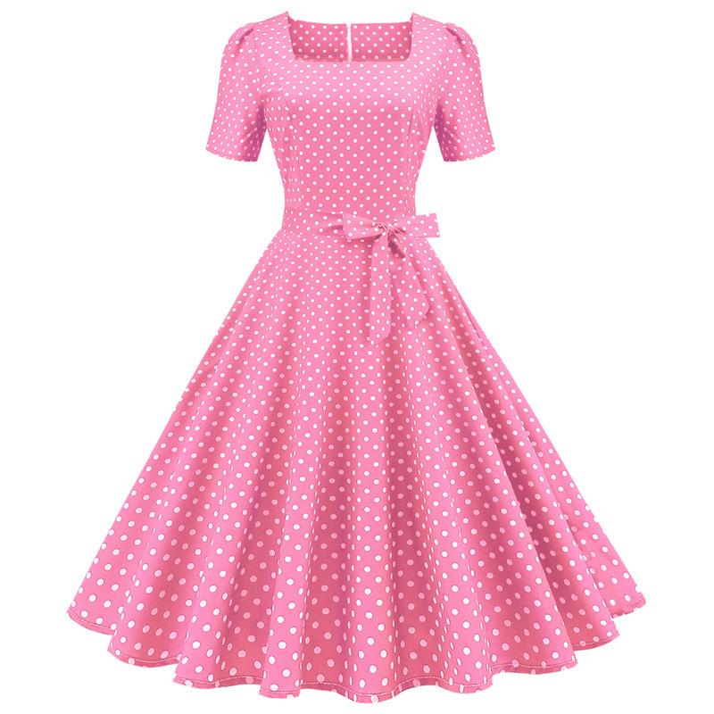Short Sleeve Square Neckline Vintage Print Dot Dresses-Vintage Dresses-Free Shipping at meselling99
